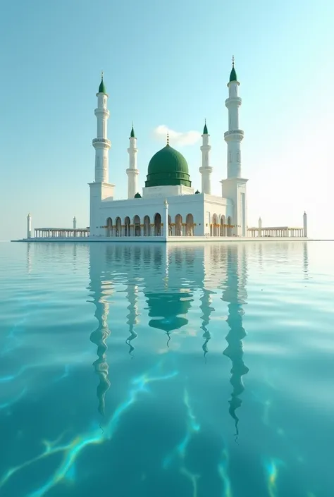 "A mesmerizing view of Al-Masjid an-Nabawi appearing to rise from the tranquil ocean, its green dome and minarets reflected perfectly in the crystal-clear waters."