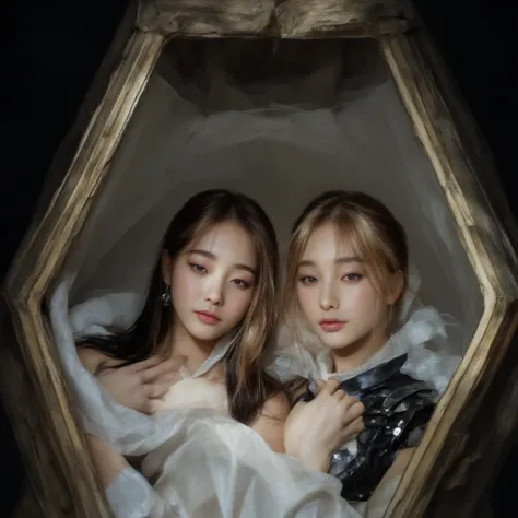 Two Korean girls is lying in box coffin, (pillow in coffin), (all girls head on pillow), (high quality), (masterpiece), (detailed), 8K, realistic photo, photorealistic, hyperrealistic, intricate details, (depth of field,bokeh:1.2), (((rpg armor))), ((rpg s...