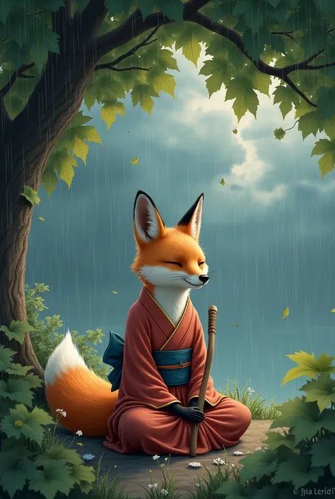 Fox in kimono holding cane and meditating under grape tree while it rains with thunder 