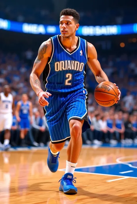 Make a basketball player on the court ,  he must be wearing the Orlando Magic uniform