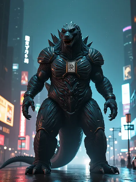 The big monster godzilla with  rolls royce logo armor walking in the city at night 4k