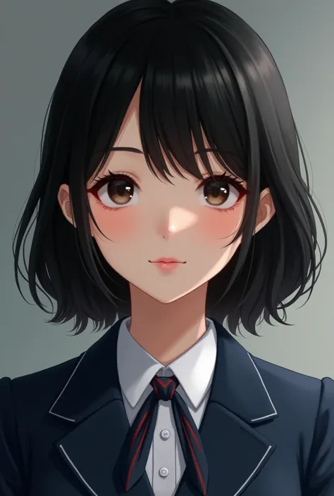 realistic black hair sixteen years old girl with sharp features.Wearing private navy blue school uniform.Eyes are almond shaped,lips are plumpy.Nose are buttoned.Hair is layered and straight