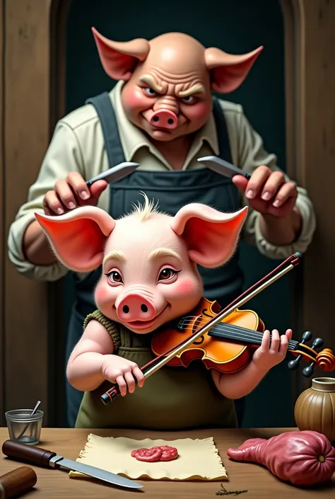 A pig learning to play violin by notes  is watched by a mean butcher sharpening his knifes 