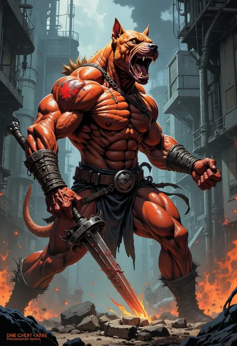 Pitbull with human body, bodybuilding athlete figure, powerful muscles, strong six pack, wounds, weapon, scary gothic, fantasy, yelling, angry, dynamic movement, dark and dangerous industrial background, flames, smoke, fading in mythical, concept art by Ca...