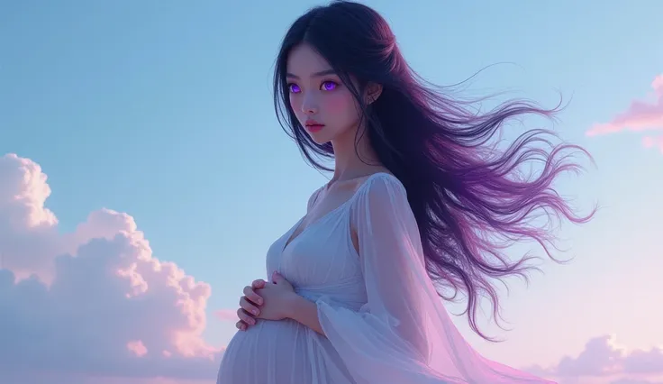 Young girl,  long black and purple hair,  hard shadows, breasts, purple eyes,  white dress ,  Lighting, pregnant ,  hands on the belly , sky background, 