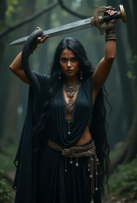 An Indian Women Wearing Black Shwal. Only Holding Sword Uper Her Head.Holding Black Snake In Her Second Hand.