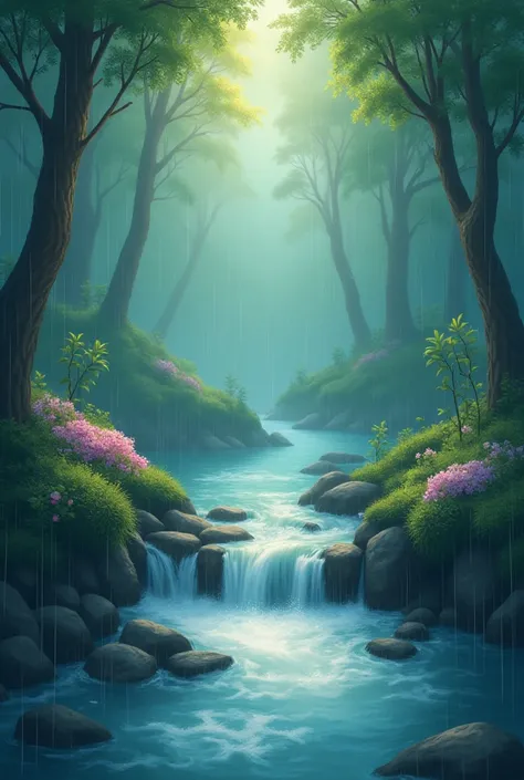 To generate music: lofi song, slow tempo, relaxing vibe, natural sounds of gentle rain, flowing water, birdsong. Peaceful atmosphere. Soft, mellow instrumentals, smooth piano, acoustic guitar, subtle, steady beat. soothing and tranquil, meditating.