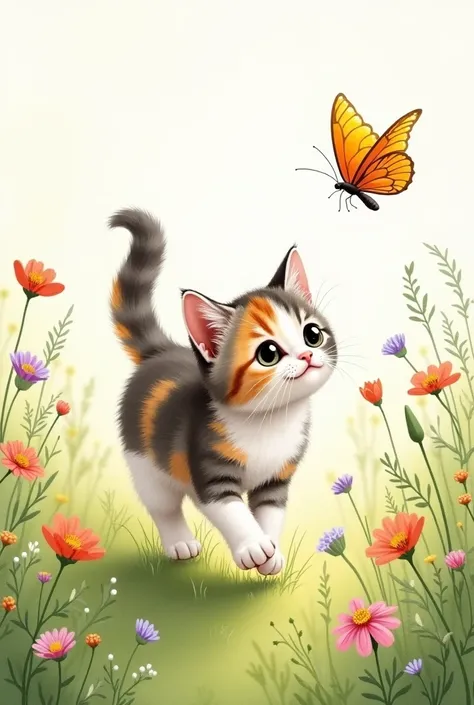 playful calico kitten chasing a butterfly in a garden, surrounded by soft green grass and colorful wildflowers. The cat has bright eyes and a fluffy tail. The watercolor effect should bring out the vibrancy of the flowers and the soft fur of the kitten, bl...