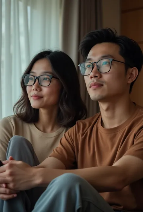  Photo of young couple sitting in living room. Korean woman wearing glasses . short hair.  Hair color dark gray mix dark brown .  Korean man wearing brown t-shirt .  neat hair . wearing glasses.  Sitting together watching television  