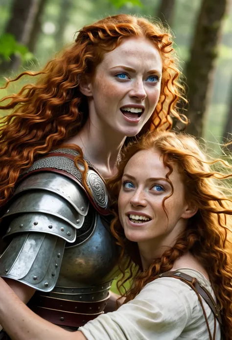 Hyperrealistic right side view. Close-up of a young, thin, malnourished Celtic warrior woman with long curly red hair, blue eyes, furious smile, fighting with a Roman legionary, whom she wounds in the chest. In the background, a forest clearing.