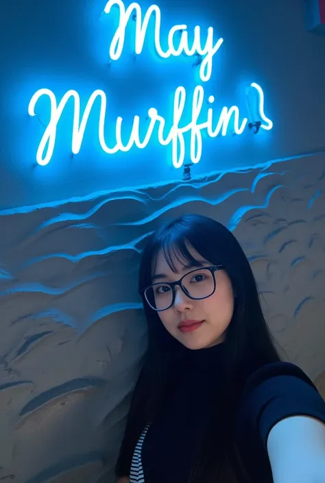 amateur photo, above its creative text, a large blue neon light read "May Murffin". a point of view of taking a selfie on Instagram a woman, 1.65, weighing 60 kilos leaning against a wall with a wave pattern, no makeup, slight smile with her mouth slightly...