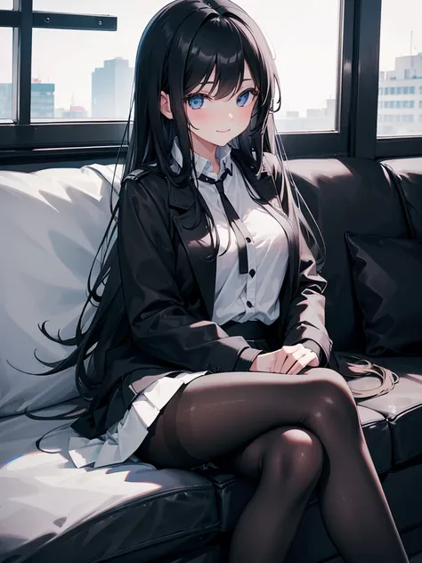 girl， long black hair ， white shirt ， loose black jacket， blue skirt ， black pantyhose ，Sit comfortably on the sofa，Cross your legs，， in the dark，Smile， pretty eyes，winter。