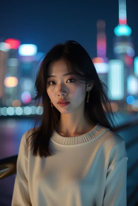 Beautiful Korean woman wearing white sweater poses professional model and city night 