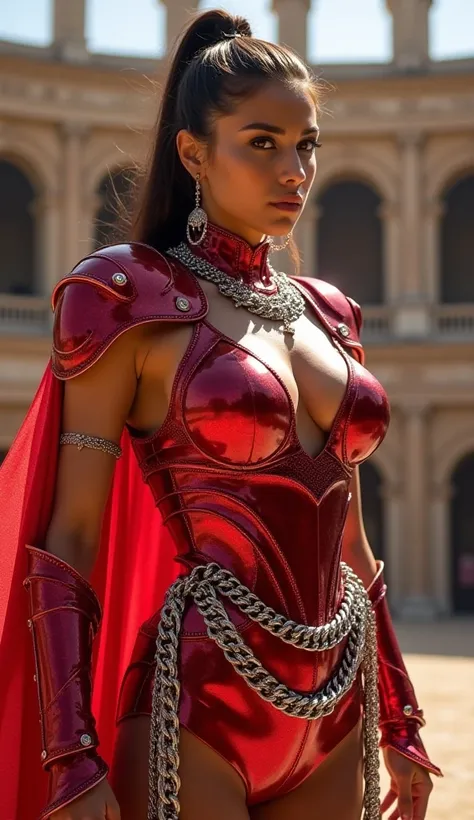  at the Colosseum martial arts arena in Greece 、 Martial arts tournaments 、knights of the zodiac 、 Beautiful One Girl 、 huge breasts 、cleavage、nice legs、((( He wears sparkling futuristic metallic red combat armor.)))、 Shiny silver chains are connected on a...