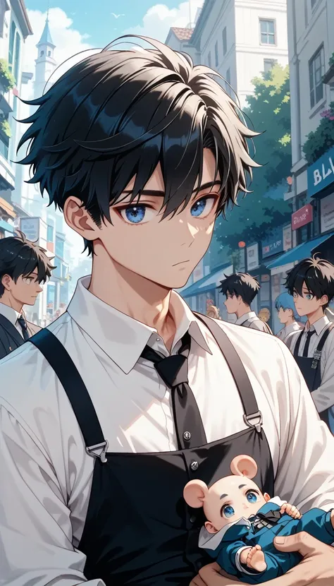 score_9, score_8_ up, score_7_ up,((8k)),1boy,blacl hair,dark blue eyes,Nagi-kun,Petite,Baby Face, melancholic expression ,one blue moonstone ring,Minimal, dress shirt