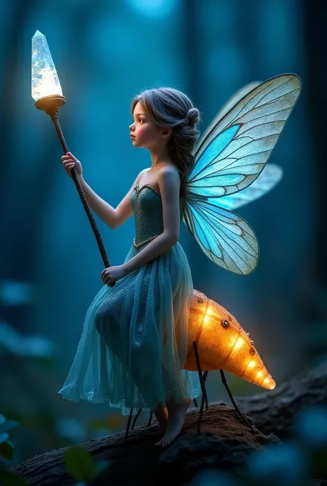 Nighttime Protector: Macro photograph of a fairy with iridescent wings, wearing a gown that shimmers with moonlight, perched on the back of a firefly. The fairy holds a glowing crystal staff, casting a soft blue light. The firefly’s bioluminescent tail glo...