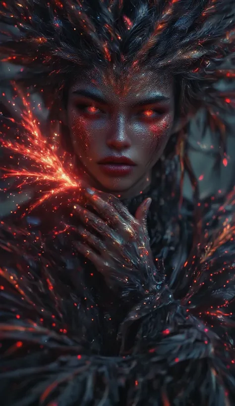 Professional 3D model of dnd character dark undead evil witch casting spell, speaking, glowing red spell, oil painting, (Highly Detailed Oil Painting: 1.2), light effect, god rays, hand drawn, render, 8k, octane render, cinema 4D, blender, dark, atmospheri...