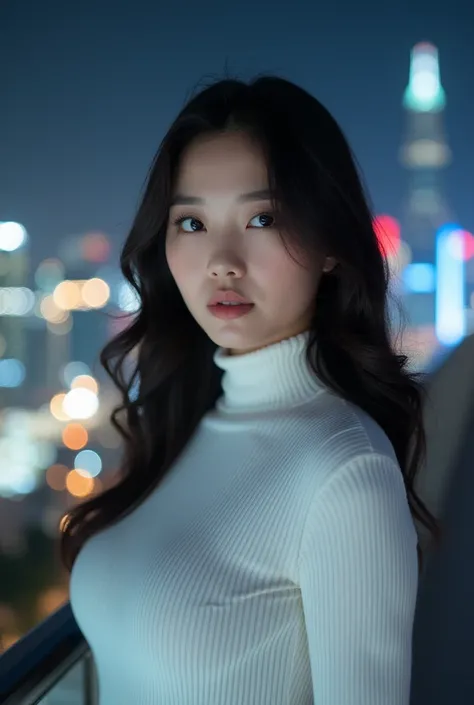 Beautiful Korean woman wearing white sweater poses professional model and city night 