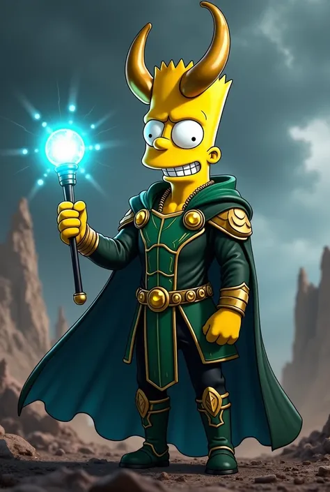 ((Masterpiece)), (best quality), (ultra-detailed), (photo-realistic), (anime-inspired), A **mischievous and cunning Bart Simpson**, transformed into a **Loki-inspired persona** from **Avengers: Endgame**, standing confidently amidst a dramatic and **gritty...