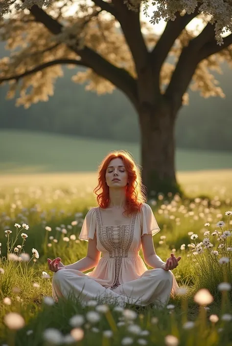  A beautiful red-haired woman (jessica chastain) with eyes closed,  vintage dress ,  sitting on the ground meditating under a flowery tree in a beautiful open field. Landscape photograph 