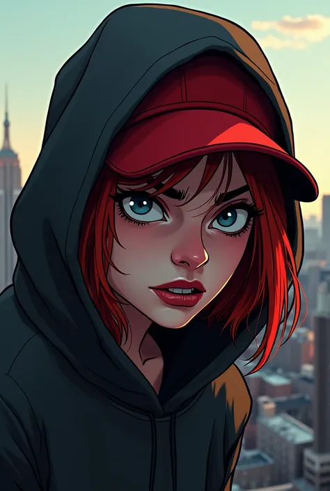 REALISTIC ILLUSTRATION OF HIGH GRAPHICS MODERN COMIC STYLE  , Young woman with red hair in the shadows, red cap and dark gray hood , On the roof ,   in the background New York City,   furious very angry , indignant