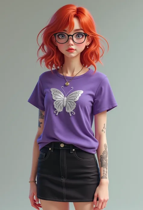  Give a 20-year-old girl with medium length hair , redhead,  wearing a purple t-shirt with a silver glitter butterfly on her chest, short black skirt and black converse ,  a tattoo on her arm and with clear lenses  