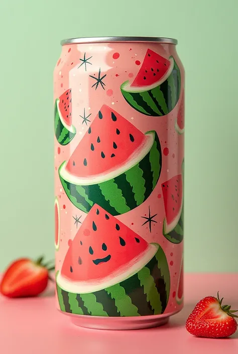 Watermelon fruit juice can  packaging captures: fun, social, and timeless. Nostalgic inspiration, combined with modern execution, creates an emotional connection that elevates the product’s appeal. The characters add a memorable, human element, 