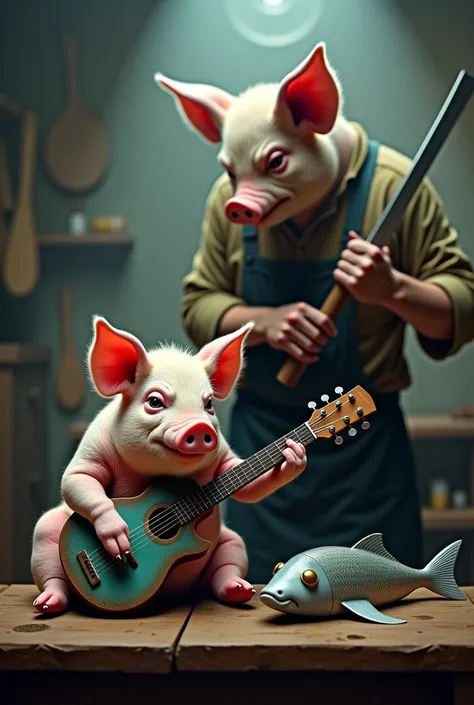 A pig learning to play a guitar that looks like a fish is watched by a mean butcher sharpening his knifes 