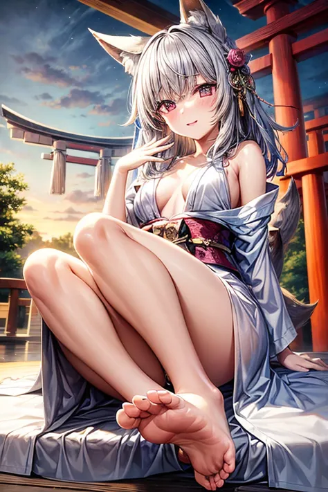  fox ear, Silver Hair, White Kimono ,Beauty, beautiful feet, with open chest,torii,evening