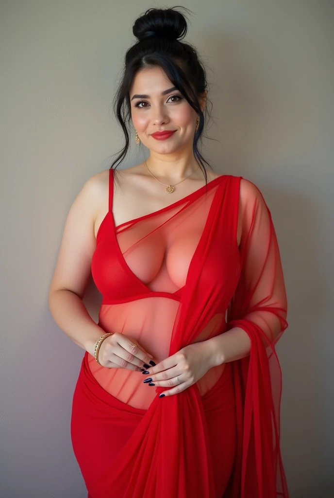 Very White curvy plump voluptuous milf 40 years lady wearing a sexy red stylish transparent saree with sleeveless blouse in front of a wall . navel, celavage.  Real photo,  realism. Huge boobs with huge ass. Black tied up hair. Very White face and body. Gl...