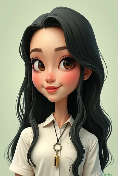 3D caricature of a girl with long black hair, wearing white blouse, key chain. High-quality realistic photo, and there is the name "BENIGN ANN" in 3D letter style, embossed and realistic, in green yellow, indium white and black, 