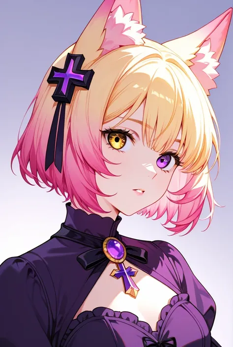 Waifu pink crow, NeneEfthy,  a golden eye and a purple short hair with the tips facing out,  pink hair, gothic,  with a feather like hair on the top , with yellow hair ,  fox ears , and a purple cross brooch , kendomurft 