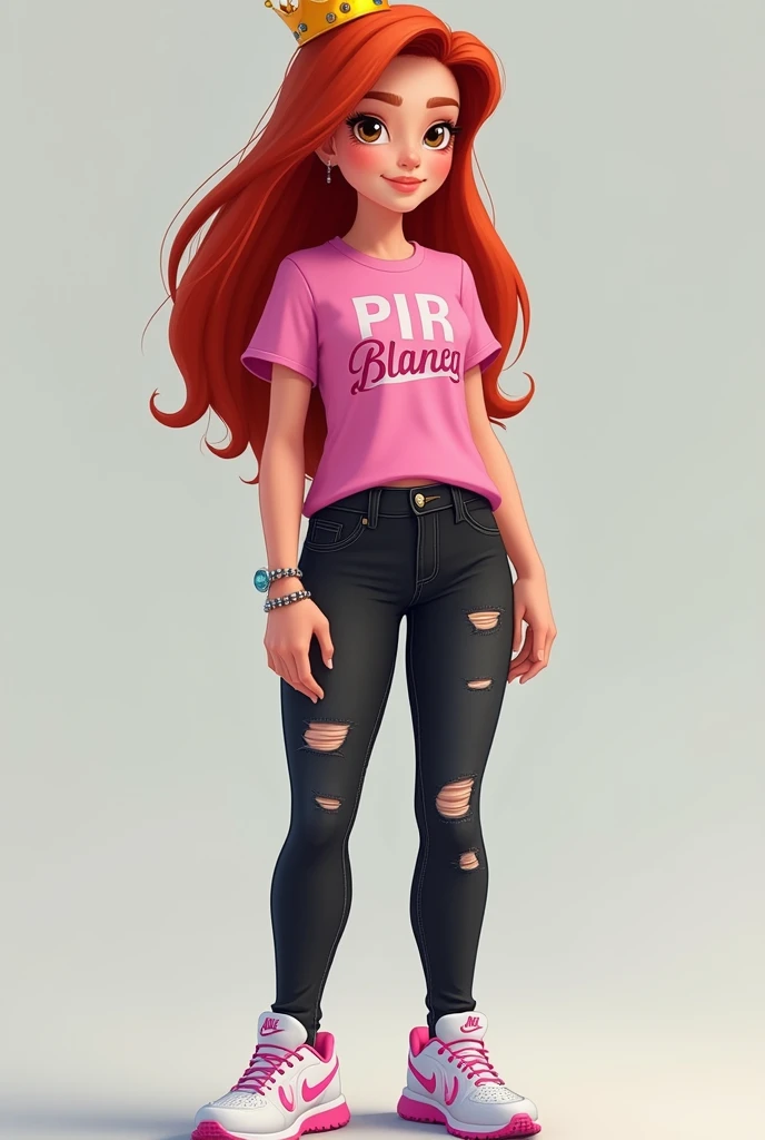  The model is Disney Pixart style , girl light brown eyes , PIEL BLANCA,  smooth and long hair in carmine red,  with t-shirt pink top printed mile ,  ripped jeans color black ,  Nike sneakers with pink sole ,  with a crown on the head 