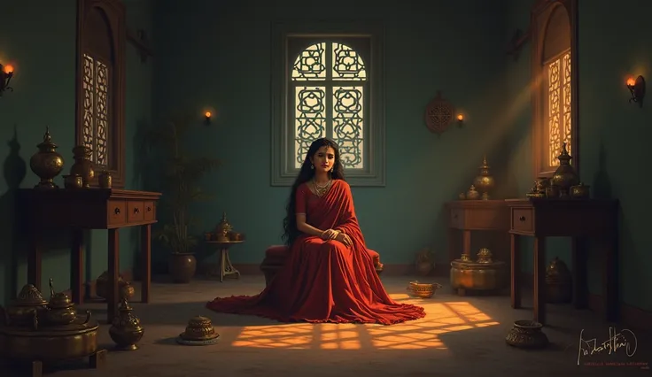 Illustrate Mastani seated alone in a dimly lit, traditional Marathi room with jali (latticed) windows casting patterned shadows. She is dressed in a modest yet elegant Nauvari saree, her expression a mix of sorrow and resolve. Traditional Maharashtrian art...