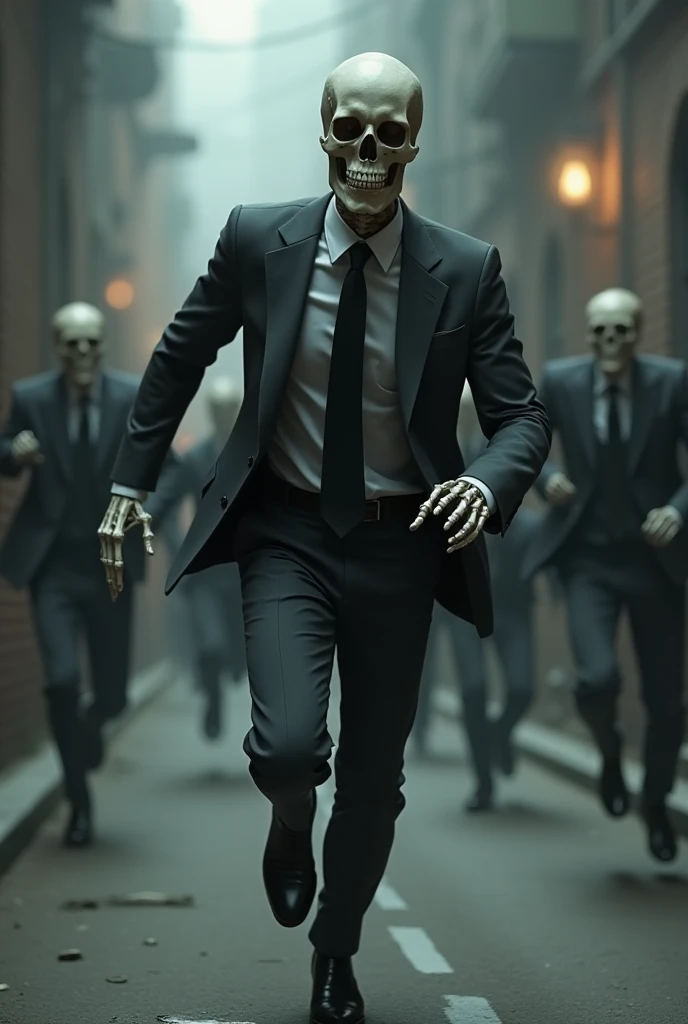 A skeleton in a suit running for some people who were shooting 