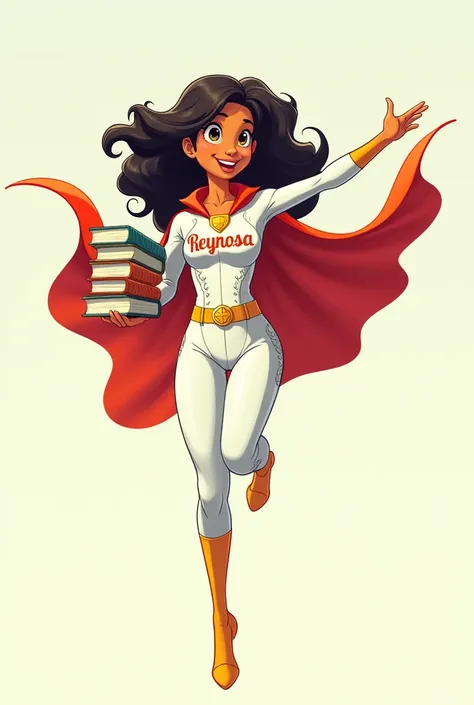  Young woman in a cartoon flying like a superhero in a suit with white and cape, She carries in her hands books and on her chest the word Reynosa  