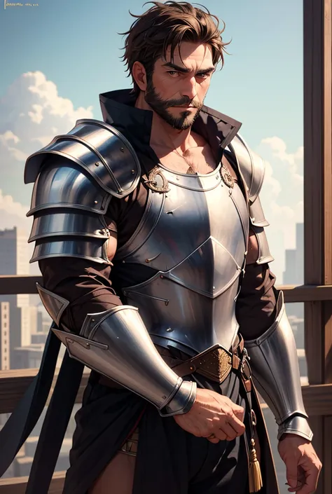 Older man with brown hair and a short brown beard. He has dark eyes and tanned skin. He has a muscular body. He is a knight for royalty and wears old armor