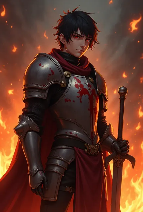 Anime-style image of a knight of the Holy Inquisition without a helmet with a charming gloomy appearance covered in blood surrounded by flames.