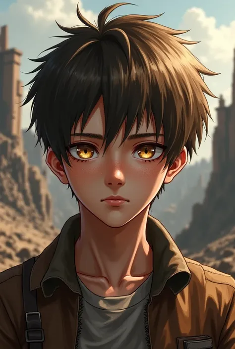  Shingeki no kyojin style A teenage boy with light brown hair that is semi-long and messy, highlighted freckles ,medium white skin , honey eyes, an attractive boy 