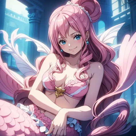 tmasterpiece，best qualtiy，mermaids，A pink-haired，ssmile，Shell on the chest，Pink fishtail，Large breasts, full body Esbian、solo