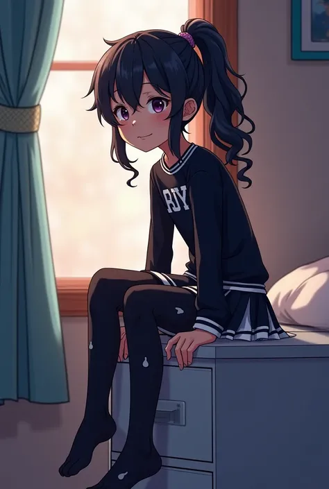  Boy with long curly black hair wearing a ponytail ,  wearing a black cheerleader uniform with cat tights, in a nightstand , anime type