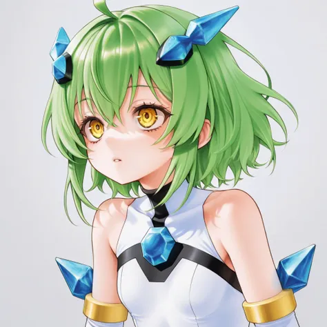 an AI taking human form, female, short green hair, yellow eyes, white leotard with yellow details and black parts, traces of technology on the clothing, blue crystals, green 0 and 1 bit trails,