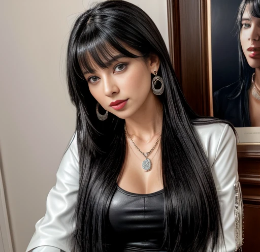 1 woman 30 years old, One, long straight black hair, bang,I look at the viewer, detailed eyes, shy smile,Jewelry, medium breast, earrings,belt, blue leather jacket over a tight red t-shirt,mini skirt,sheer white tights,NECKLACE, bracelet, lips,((Dynamic an...