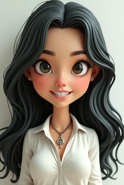 3D caricature of a girl with long black hair, wearing white blouse, key chain. High-quality realistic photo, and there is the name "BENIGN ANN" in 3D letter style, embossed and realistic, in green yellow, indium white and black, 