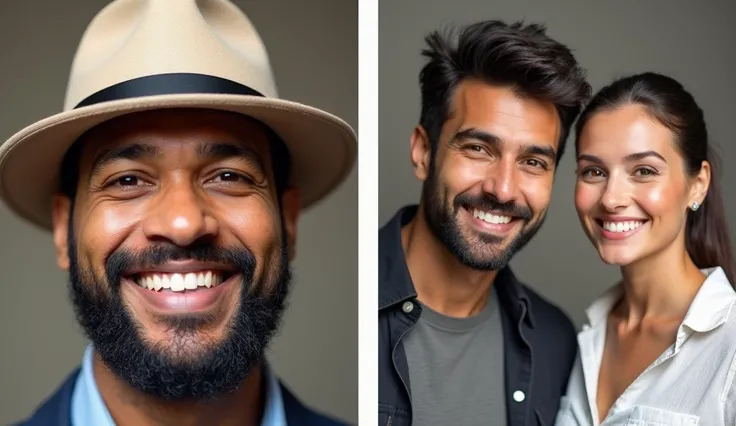 Image is a digital thumbnail featuring a collage layout with a focus on two individuals. On the left, a close-up of a man with light brown skin, a trimmed beard, and a wide smile is wearing a light-colored fedora. On the right, a couple is visible; the man...