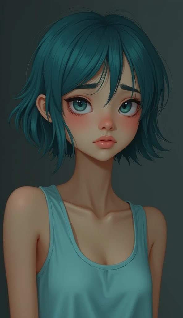 A young woman (ethnicity:1.1), (age:1.1), with short, vibrant teal-blue hair, looking slightly downward and to the viewers left,  (facial features:1.3), (expression:1.0), (slightly sad, thoughtful expression:1.2), (body type:1.1), (pose:1.0), medium-skinne...