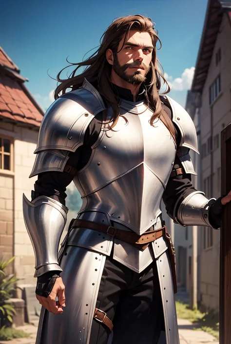 Older man with brown hair and a short brown beard. He has dark eyes and tanned skin. He has a muscular body. He is a knight for royalty and wears old armor