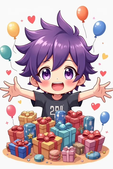 Purple haired chibi anime boy extending his hands with lots of prizes and gifts on the sides 