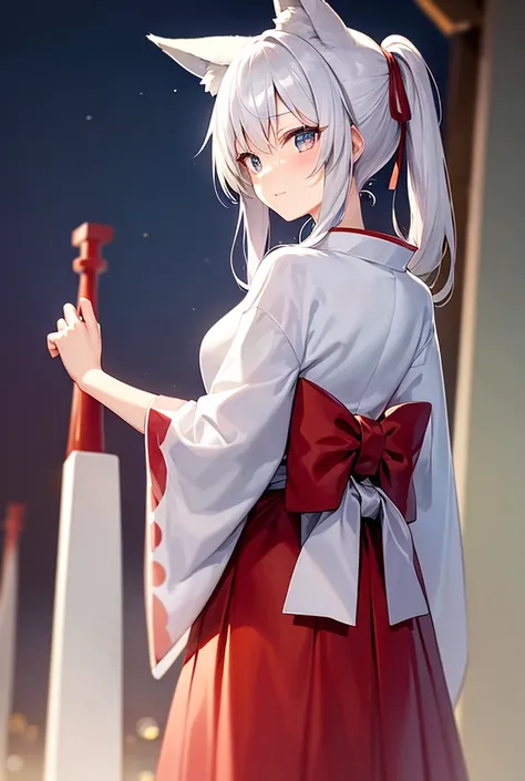  fox ear, Silver Hair, White Kimono ,Beauty,torii,evening