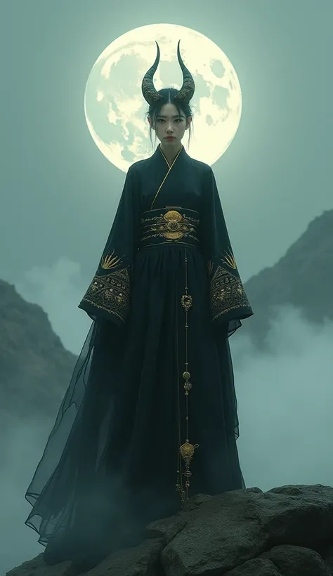 On a foggy mountain, the daughter of the red devil is standing wearing a black kimono with a gold pattern and holding a shamisen in the guise of an Onmyoji　 full moon　Personification